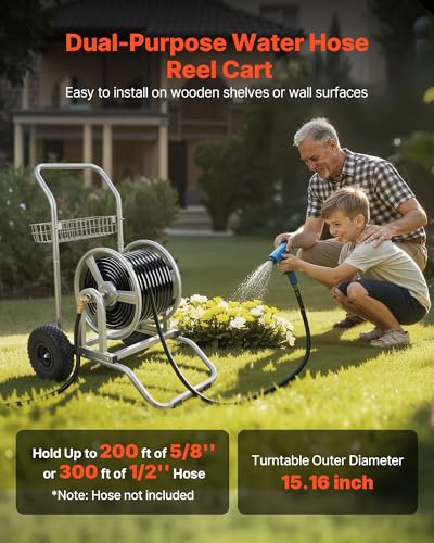 VEVOR Hose Reel Cart, 200/300ft High-Pressure Garden Hose Cart, Hoses Reel Carts with Two Wheels, Handle & Heavy-Duty Mesh Storage Basket, Dual-Purpose Portable Hoses Reels for Garden, Car, Pet - style: 2 in 1 - 200 ft