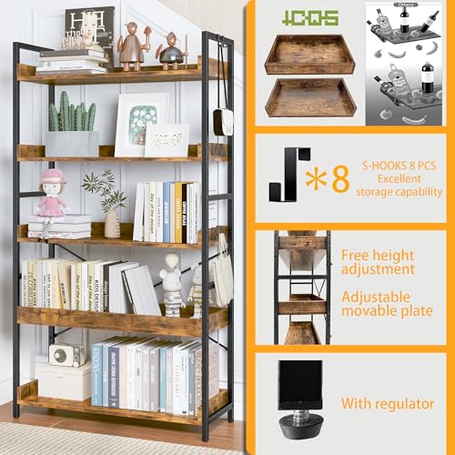 HCHQHS 5 Tier Bookshelf, Adjustable Industrial Bookcase, Vertical Tall Book Shelf, Wood and Black Metal Open Bookshelves for Home Office, Living Room, Bedroom - color: Rustic Brown, size: 5-Tier (31.5"W x 57"H)