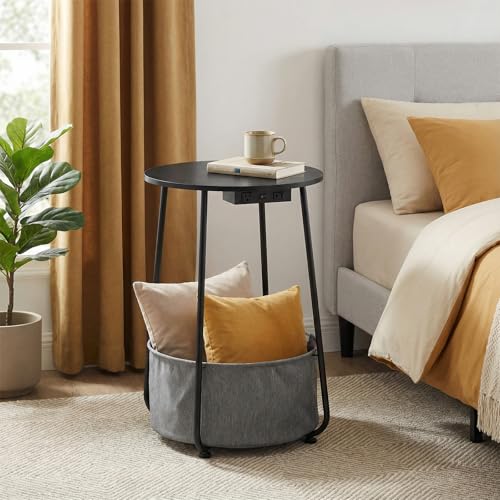 Round Side Table with Charging Station & USB Ports, Modern End Table Nightstand with Fabric Storage Basket, Matte White & Camel Brown Accent Table for Living Room, Bedroom (Black) - color: Black