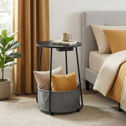 Round Side Table with Charging Station & USB Ports, Modern End Table Nightstand with Fabric Storage Basket, Matte White & Camel Brown Accent Table for Living Room, Bedroom (Black) - color: Black