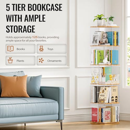 TAKEKIT 5-Tier Rotating Bookshelf, 360° Spinning Book Shelf Tower with Solid Wood & Clear Acrylic, Square Revolving Bookcase for Kids Room, Living Room, Bedroom and Office - color: Natural Square, size: 5-Tier