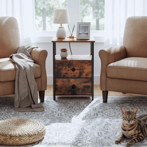 AMHANCIBLE Nightstands Set of 2, Large Night Stand with Charging Station | Bedside Table, 2 Fabric Drawers, End Side Tables Living Room, with Open Shelf, USB Ports Outlets, for Bedroom, Rustic Brown - color: Rustic Brown
