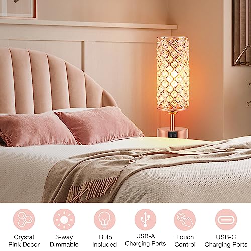 Hong-in Rose Gold Lamp Set of 2, 3-Way Crystal Table Lamp Touch Control with USB-C+A & AC Ports, Dimmable Nightstand Desk Light, Pink Bedside Table Lamp for Bedroom(Bulb Included & Set of 2) - color: Rose Gold