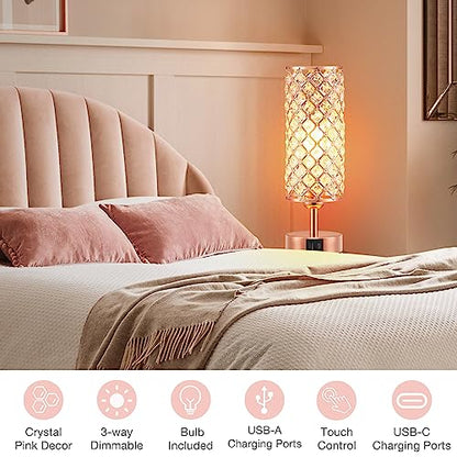 Hong-in Rose Gold Lamp Set of 2, 3-Way Crystal Table Lamp Touch Control with USB-C+A & AC Ports, Dimmable Nightstand Desk Light, Pink Bedside Table Lamp for Bedroom(Bulb Included & Set of 2) - color: Rose Gold
