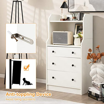 Moccha 3 Drawers Dresser with Shelf, Modern Dresser Tower with 2 Open Shelves, Chest of Drawers with Anti-toppling Device, Tall Storage Dresser Nightstand for Closet, Living Room, White - color: White