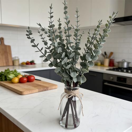 Artificial Eucalyptus Stems in Glass Vase with Faux Water, 17.5" Sage Green | Fake Plants for Home Decor, Bathroom, Coffee Table Centerpiece, Farmhouse Wedding, Faux Greenery Decorations, Office Decor