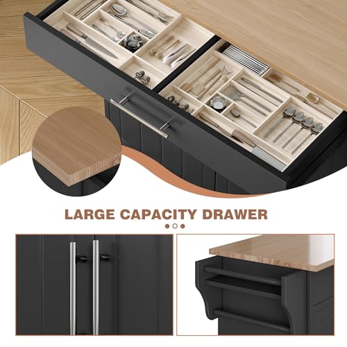 Kitchen Island with Storage, Wooden Countertop Rolling Kitchen Island On Wheels Storage Cabinet, Mobile Kitchen Island Cart with Towel Rack, Spice Rack and Drawers,Black - color: Black