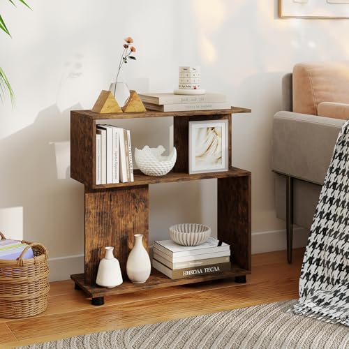 GOFLAME 3-Tier Geometric Bookcase, S-Shaped Bookshelf with 2 Open Back Compartments, Modern Display Rack, Narrow Compact Side End Table Nightstand for Living Room, Home Office (1,Rustic Brown) - color: Rustic Brown