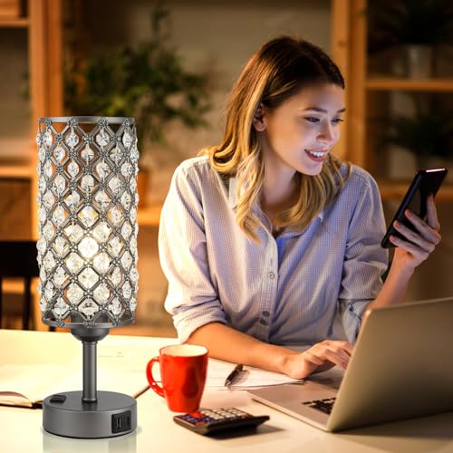Hong-in Gray Crystal Lamp Touch Control Set of 2, Crystal Table Lamps with USB C+A Ports & AC Outlet, 3-Way Dimmable Nightstand Touch Lamp, Modern Bedside Table Lamp for Bedroom(Bulbs Included) - color: Gray