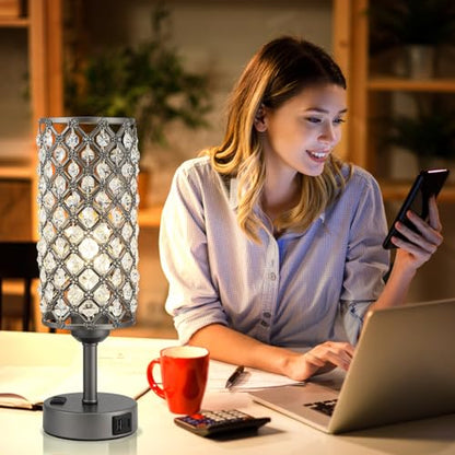 Hong-in Gray Crystal Lamp Touch Control Set of 2, Crystal Table Lamps with USB C+A Ports & AC Outlet, 3-Way Dimmable Nightstand Touch Lamp, Modern Bedside Table Lamp for Bedroom(Bulbs Included) - color: Gray