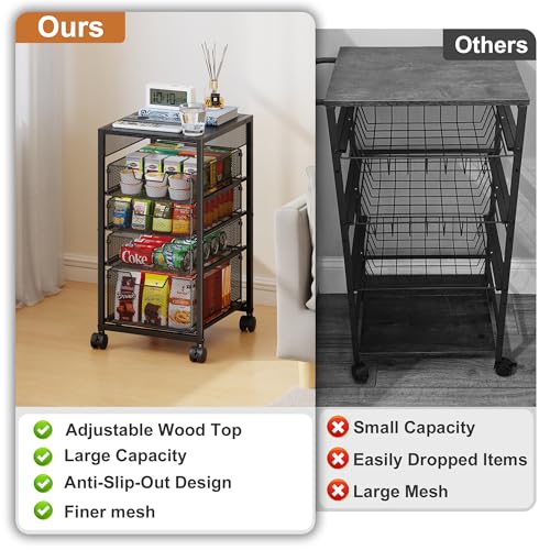 5-Tier Kitchen Utility Storage Cart with Adjustable Wood Top (Tabletop or Basket), Fruit Vegetable Storage Rack with Wheels & Drawers, Metal Rolling Pantry Cart, Kitchen Organizer for Snack Can Potato - size: 5-Tier Top Adjustable