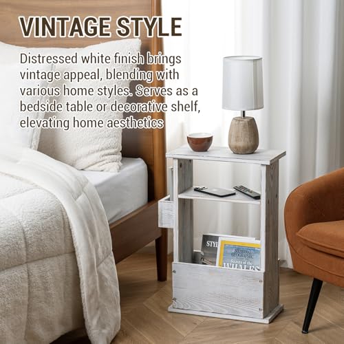 MyGift Wide Side Table, Slim End Sofa Table in Whitewashed Wood with Storage Shelf, Magazine and Remote Holder, Narrow Side Table - color: Whitewashed