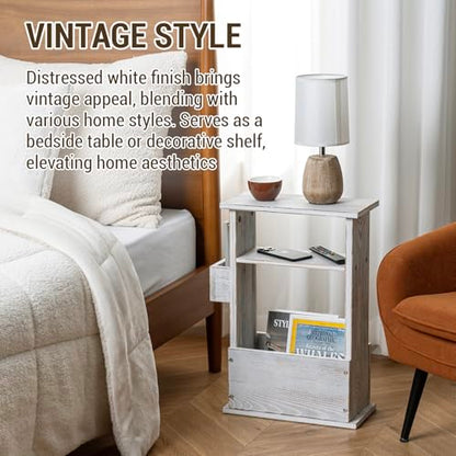 MyGift Wide Side Table, Slim End Sofa Table in Whitewashed Wood with Storage Shelf, Magazine and Remote Holder, Narrow Side Table - color: Whitewashed
