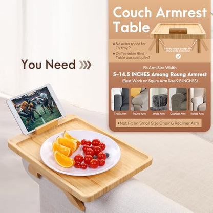 SINWANT Couch Arm Tray Table, Large Space 15.75"x 11.8" Bamboo Couch Armrest Table with 360° Rotating Phone Holder,Foldable Sofa Armrest Tray for Eating Snacks Drinks Remote Books - color: Large Natural