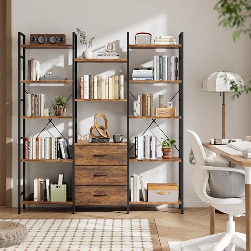 AFLUI Triple Bookshelf with 3 Fabric Drawers, 5-Tier Book Shelf and 10 Display Shelves, Industrial Large Bookcase for Home & Office, Rustic Brown, 47'' Wide - color: Rustic Brown, size: 5 Tier(47" W)