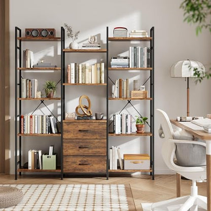 AFLUI Triple Bookshelf with 3 Fabric Drawers, 5-Tier Book Shelf and 10 Display Shelves, Industrial Large Bookcase for Home & Office, Rustic Brown, 47'' Wide - color: Rustic Brown, size: 5 Tier(47" W)