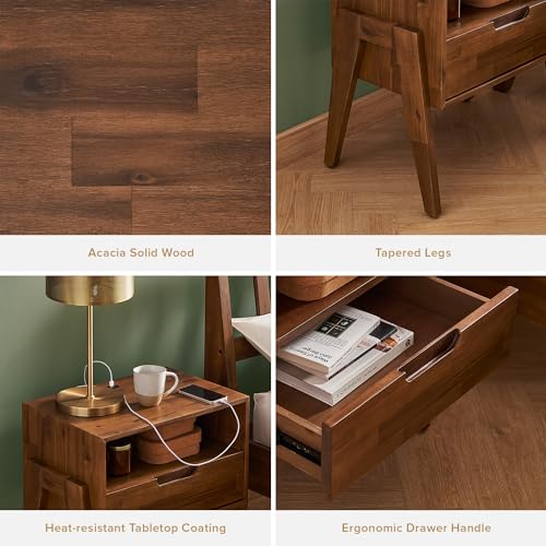 mopio Ted Solid Wood Nightstand with Charging Station, Mid Century Modern Storage Night Stand, Small Side Table Drawer, Bedside, End Table USB C & USB A Ports (Set of 2) - size: Set of 2
