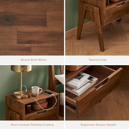 mopio Ted Solid Wood Nightstand with Charging Station, Mid Century Modern Storage Night Stand, Small Side Table Drawer, Bedside, End Table USB C & USB A Ports (Set of 2) - size: Set of 2