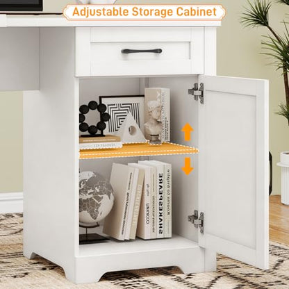 Halitaa 59” Farmhouse L Shaped Executive Desk with File Drawer, Cream White | Home Office Desk with Storage Cabinet, Wood Corner Sturdy Writing Workstation
