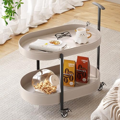 Oval End Table with Storage Shelves, 2-Tier PU Leather Tray Side Table with Wheels, Modern Sofa Table & Nightstand for Bedroom, Living Room, Compact Rolling Tray Table with Lockable Casters