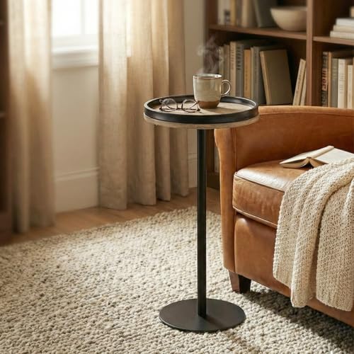 Oak Finish Martini Table, Small Round Drink Table, Modern Farmhouse Side Table with Tray Top, Metal Weighted Base End Table for Living Room,Small Spaces,Next to Sofa, 24.7" Tall - color: Oak