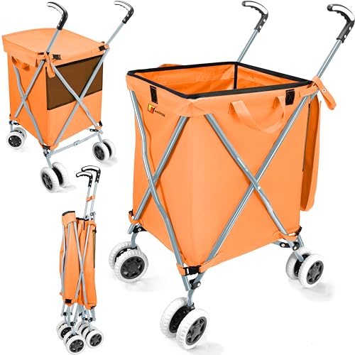 Wellmax Folding Shopping Cart with Canvas Bag & Cover, Holds 120 lb, Orange | 360 Swivel Wheels, Lightweight Foldable Utility Cart, 24 Gallon Capacity, for Groceries, Laundry & Seniors, Rolling Cart - color: Orange