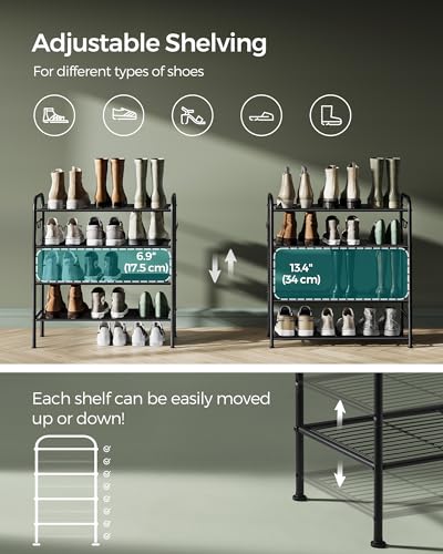 SONGMICS Shoe Rack, 4-Tier Shoe Organizer, Metal Shoe Shelf Storage with 4 Side Hooks, Holds 15 Pairs of Shoes, Height-Adjustable Shoe Rack for Entryway, Hallway, Closet, Ink Black ULMR069B01 - size: 4 Tiers (26.7"W)