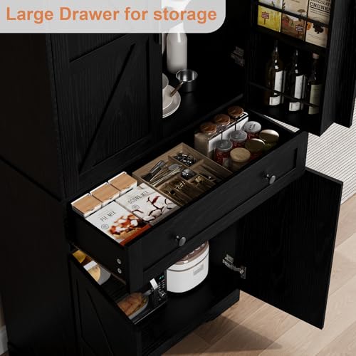 Garvee 71" Kitchen Pantry Cabinet, Barn Door Freestanding Cupboard with Drawer, Sliding Storage Rack, and 6 Hanging Shelves for Kitchen, Dining Room, Living Room Bedroom - color: Black