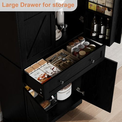 Garvee 71" Kitchen Pantry Cabinet, Barn Door Freestanding Cupboard with Drawer, Sliding Storage Rack, and 6 Hanging Shelves for Kitchen, Dining Room, Living Room Bedroom - color: Black