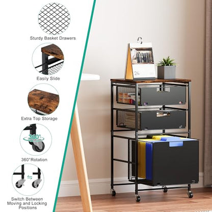 3-Drawer Storage Organizer, Under Desk Rolling File Cart with Lockable Wheels, Hanging File Folder Organizer for Letter Size, Utility Craft Cart Filing Cabinet for Home Office,Black - size: 3 Tier
