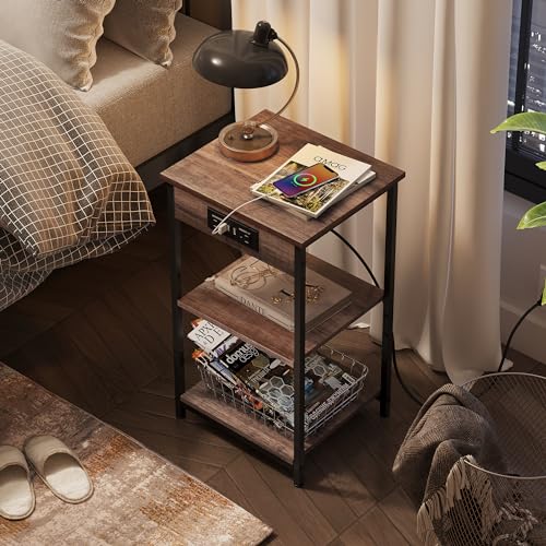 WLIVE Side Table with Charging Station and USB Ports, Small End Tables for Small Spaces, 3-Tier Nightstand with Adjustable Shelf, Bedside Tables, Living Room, Bedroom, Brown | Side Tables with Storage Adjustable Shelf for Small Spaces; Bedside Tables for