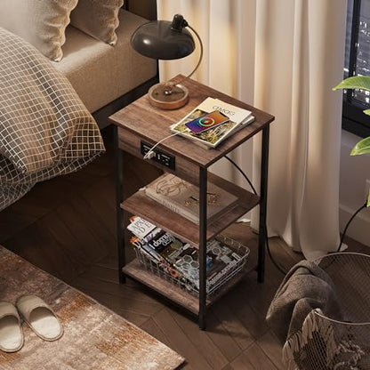 WLIVE Side Table with Charging Station and USB Ports, Small End Tables for Small Spaces, 3-Tier Nightstand with Adjustable Shelf, Bedside Tables, Living Room, Bedroom, Brown | Side Tables with Storage Adjustable Shelf for Small Spaces; Bedside Tables for