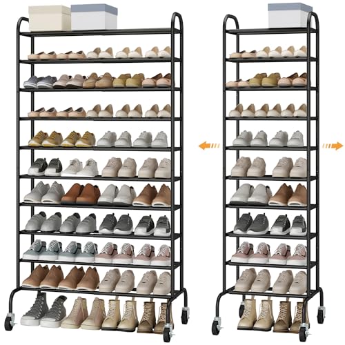STO STO Expandable Shoe Rack, 10-Tier Metal Tall Shoe Rack for Garage, Up to 44 Pairs Adjustable Shoe Rack Storage for Front Door Entrance, Free Standing Shoe Rack Organizer for Entryway, Black - size: 10-Tier