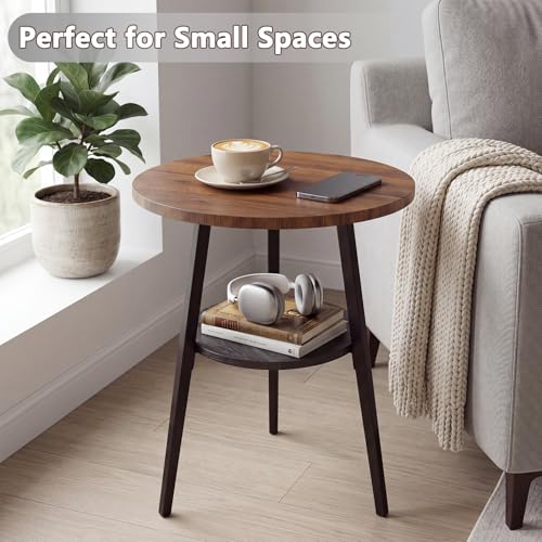 Small Round Side Table, End Tables Living Room, Walnut | 2-Tier Side Table with Storage Shelf for Small Spaces, Bedside Accent Table for Living Room, Bedroom, Metal Frame & Wood Top - color: Walnut