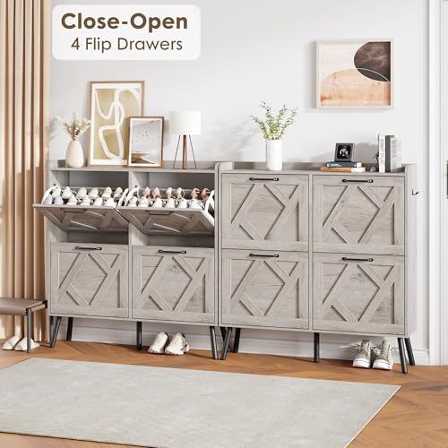 Shoe Cabinet with 4 Flip Drawers, Freestanding Shoe Organizer Cabinet, Farmhouse Narrow Shoe Storage Cabinet for Entryway, Foyer, Hallway - color: Light Grey