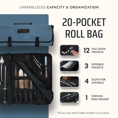 Asaya Waxed Nylon Chef Knife Roll Bag with 20 Slots and Zippered Pockets - Professional Chef Knife Bag & Storage Case, Tool Carrier with Shoulder Strap - Knives Not Included (Blue) - color: Blue