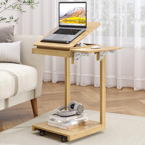 OtterOasis C Shaped End Table for Couch Rolling Side with Wheels Oak | Wood, Desk Tv Tables, with Folding Desktop, Lockable Wheel, with Hidden Storage, for Living Room, Bedroom - color: Oak