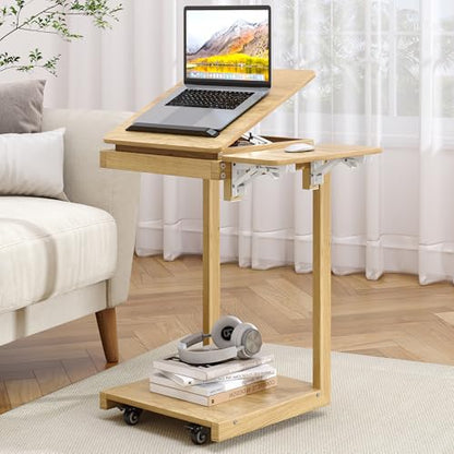 OtterOasis C Shaped End Table for Couch Rolling Side with Wheels Oak | Wood, Desk Tv Tables, with Folding Desktop, Lockable Wheel, with Hidden Storage, for Living Room, Bedroom - color: Oak