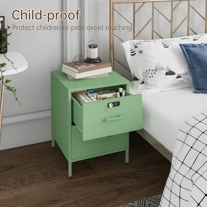 Steehoom Metal Nightstand with Lock, 2 Drawer End Side Table, Lockable Storage Cabinet Kids Cabinet for Living Room, Bedroom, Dorm, 21.26”H X 15.75”W X 15.75”D (2 Drawer, Green) - color: Green, style: 2 Drawer