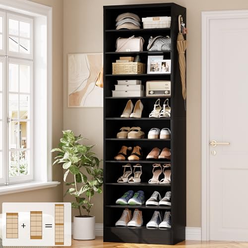 Aheaplus Tall Shoe Cabinet, 10 Tiers Narrow Wood Shoe Rack, Shoe Storage Organizer with Open Storage, Vertical Shoe Shelf Tower for 20-22 Pairs, Space Saving, for Closet, Entryway, Bedroom, Black - color: Black, size: 10 Tier (17.7"W)