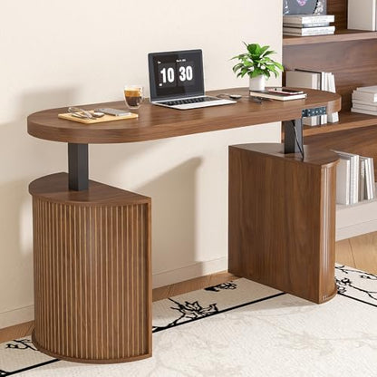 Mid Century Modern Electric Standing Desk with Storage, 55 x 22 Inch Small Sit Stand Up Desk, Wood Adjustable Height Computer Executive Desk for Home Office, Laptop, Walnut - color: Walnut