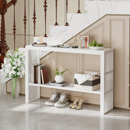 47-Inch Console Table with Storage, 2-Tier Narrow Entryway Table,White | 100% Natural Bamboo slim profile, reinforced angled frame versatile wall-side placement - color: White, style: 2-TIER
