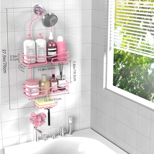 DAOYA Pink 3-Tier Over Head Shower Caddy with Soap Holder & 6 Hooks - Hanging Shower Caddy for Bathroom Organizer - color: Pink