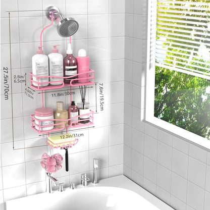 DAOYA Pink 3-Tier Over Head Shower Caddy with Soap Holder & 6 Hooks - Hanging Shower Caddy for Bathroom Organizer - color: Pink