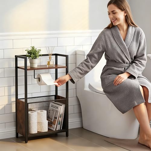 Toilet Paper Holder Free Standing, Black Toilet Paper Holder Stand, Freestanding Toilet Paper Holder for Bathroom Tissue Holder Roll Holder, Magazines, Wipes