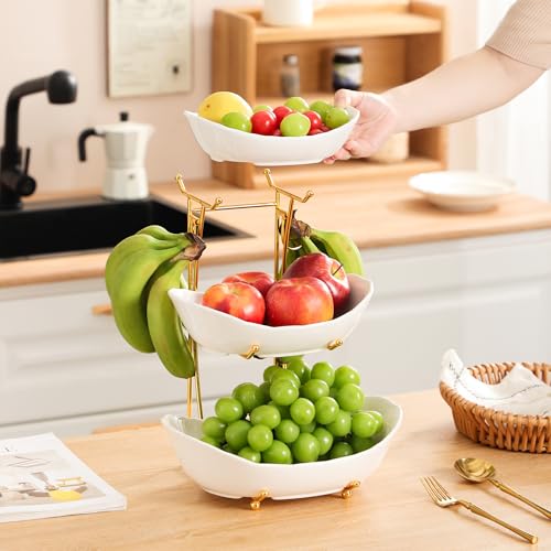 Elegant 3-Tier Ceramic Serving Bowl Set with Gold Stand, White Decorative Display Bowls for Fruits, Desserts, Appetizers