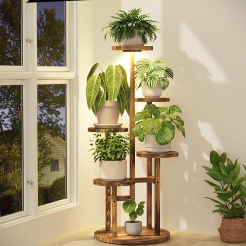 iDavosic.ly 5 Tier Plant Stand Indoor with Grow Light, Tiered Corner Wood Multiple Flower Holder Shelf, Tall Orchid Display Rack for Living Room Bedroom, Brown - color: Pine Brown with Light, size: 5 Tiers
