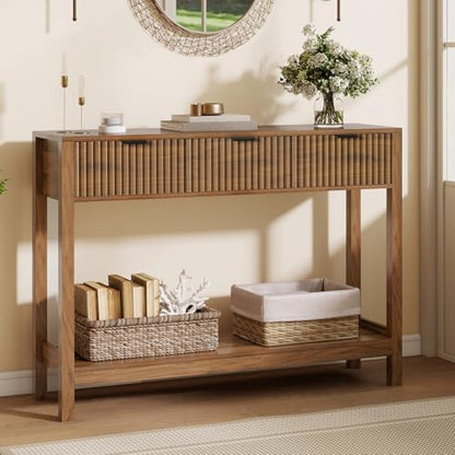 Nasonet Fluted Console Table, Wooden Sofa Table with Storage and Drawers, Farmhouse Behind Couch Table Entryway Table for Entrance, Hallway, Living Room, Brown - color: Brown, style: Modern