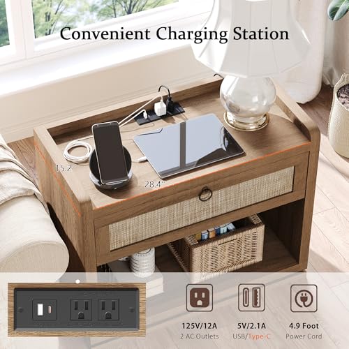 31" Wide Rattan Nightstand with Charging Station, End Side Table | Drawer & Open Shelf, Extra Large Night Stand, Farmhouse, Boho, Wood Bedside Table for Bedroom,Living Room,Office - color: Caramel Oak