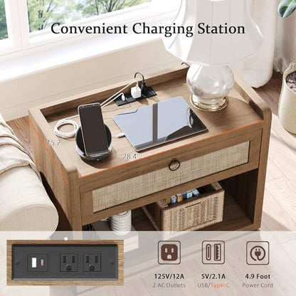 31" Wide Rattan Nightstand with Charging Station, End Side Table | Drawer & Open Shelf, Extra Large Night Stand, Farmhouse, Boho, Wood Bedside Table for Bedroom,Living Room,Office - color: Caramel Oak